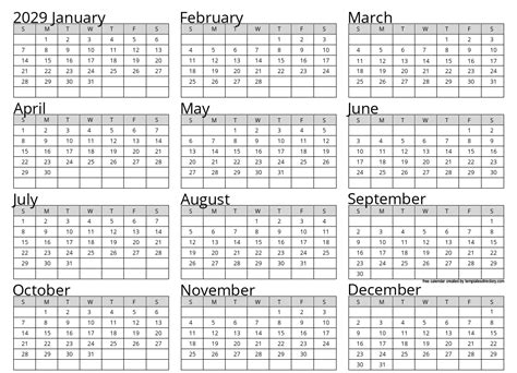 Full Year 2029 Calendar Template