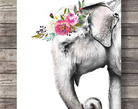 Elephant watercolor art print Printable art Cute Elephant Flower crown Elephant watercolor ...