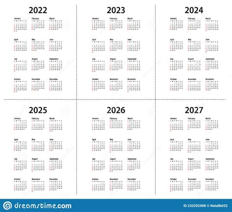 Calendar 2022 2023 2024 2025 2026 2027 Year Vector Stock