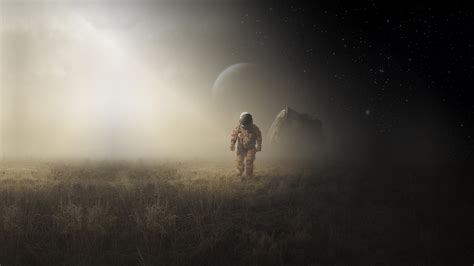Astronaut Walking On Ground Digital Wallpaper Science Fiction
