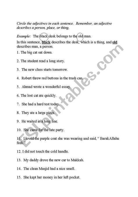 English Worksheets Circle The Adjectives In Each Sentence