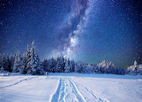 Hd Wallpaper Landscape Night Winter Snow Starry Night Sky Forest