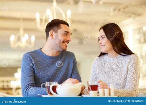 Happy Couple Drinking Tea At Cafe Stock Image Image Of Happy Drink