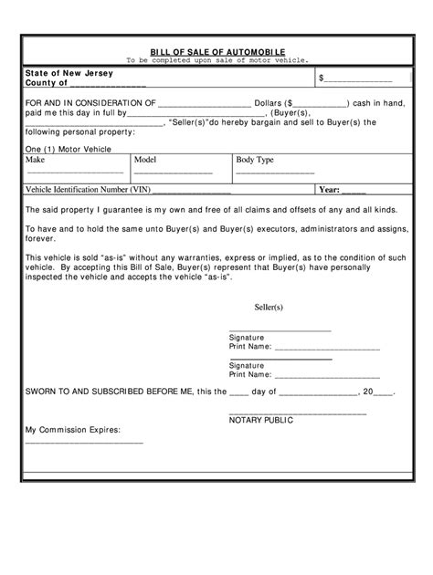 Bill Of Sale For Car New Jersey Fill Out And Sign Online Dochub