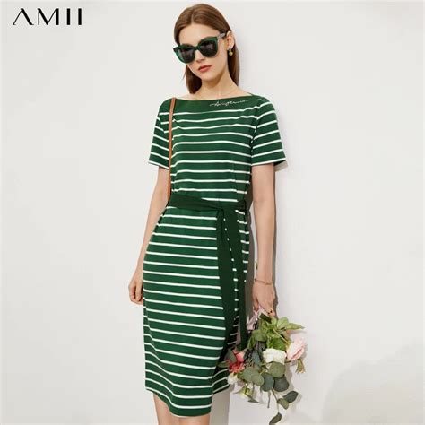 Amii Minimalism Summer New Fashion Women S Dress Offical Lady Cotton Embroidery Stripe Aline
