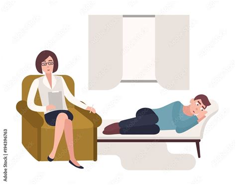 Man Lying Down On Couch And Female Psychologist Psychoanalyst Or