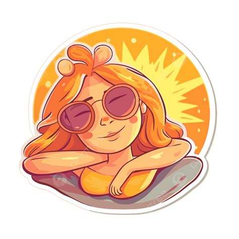 Chica Con Gafas De Sol En La Etiqueta Engomada Del Sol Con Un Sol Clipart Vector Png Bronceado