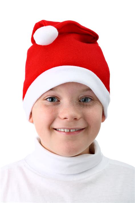Smiling Boy In Santa S Red Hat Isolated On White Stock Image Image Of