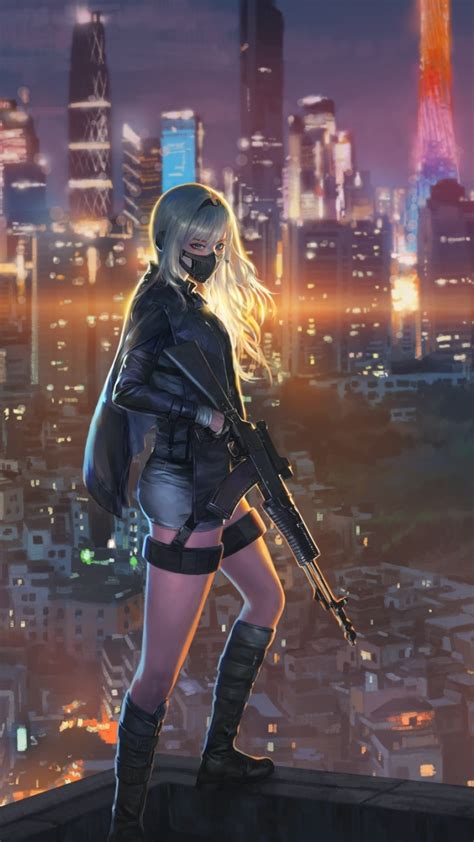 Download Wallpaper 720x1280 Sniper Girl Cityscape Anime Girl Art
