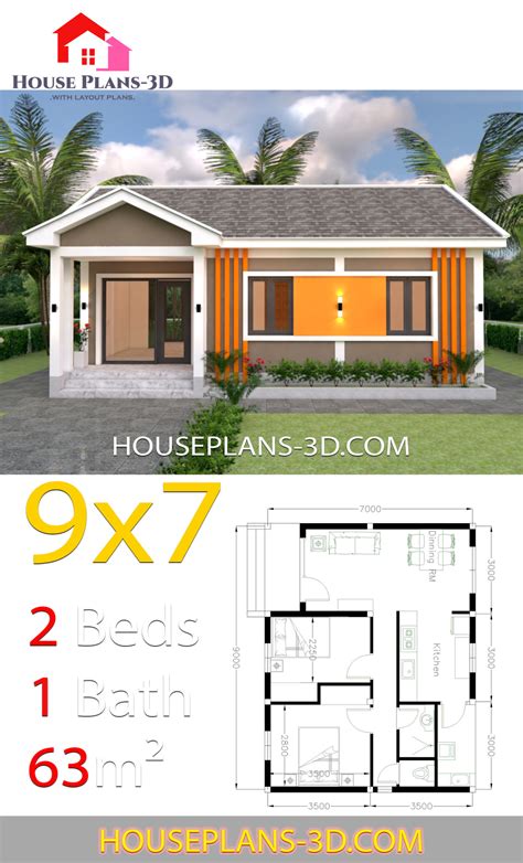 The design of the bathrooms achieves the look and feel of a luxury hotel with functionality and comfort for daily enjoyment. House Plans 9x7 with 2 Bedrooms Gable Roof - House Plans 3D