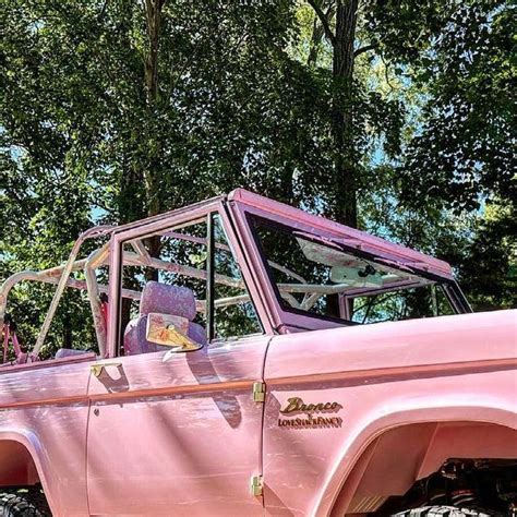 An Old Pink Truck Is Parked In The Woods