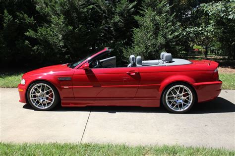 A Red Convertible Car Parked In Front Of Some Trees