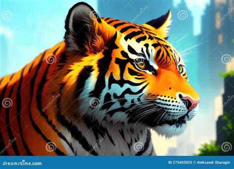 Digital Painting Of Beautiful Tiger Relaxing On Warm Day Colorful