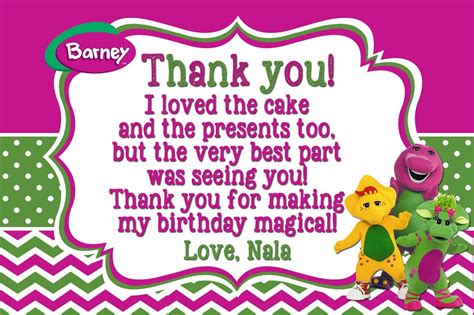 Barney Birthday Thank You Card Barney Birthday Party Girl Bday Party