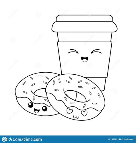 Delicious Sweet Donuts And Coffee Kawaii Characters Stock Vector