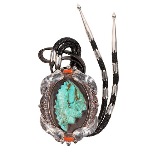 Navajo Turquoise Indian Chief Bolo In Turquoise Sterling Silver