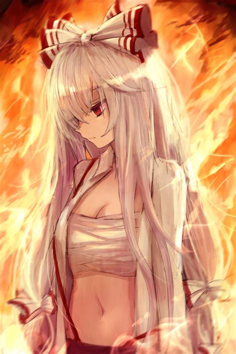 Maho Moco Fujiwara No Mokou Touhou Highres 1girl Bow Breasts Cleavage Closed Mouth