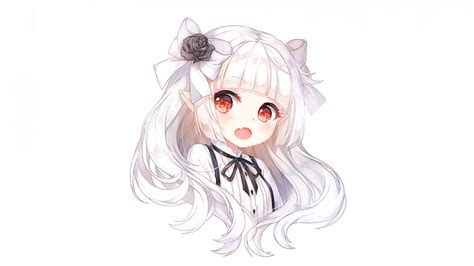 3840x2160 Anime Girl Chibi White Hair Elf Ears Red Kawaii Anime