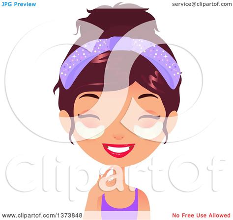 clipart of a happy brunette white girl giggling and getting an under eye beauty treatment at a
