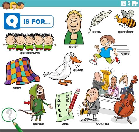 Letter Q Words Educational Set With Cartoon Characters 7817563 Vector