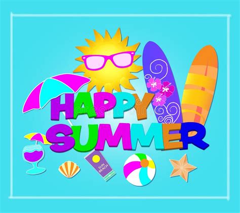 Happy Summer Colorful Lettering Vector With Beach Icons On Lightblue