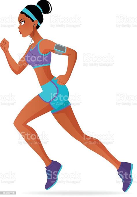 vector cartoon sporty black athlete woman running marathon with headphones stock illustration