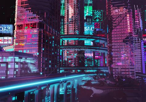 Cyberpunk Neon City Illustration Imagepicture Free Download 401621592