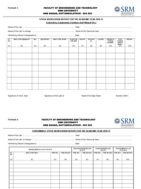 Format For Stock Verification Report 2 Technology Science General