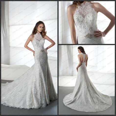 Sexy Halter T Back Sheath Bridal Gowns Jeweled Lace Tulle High Neck Demetrios 1442 Wedding