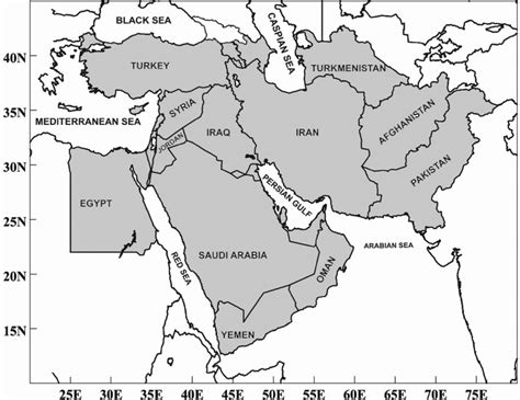 Map Of Southwest Asia And Adjacent Areas Showing Countries And Seas