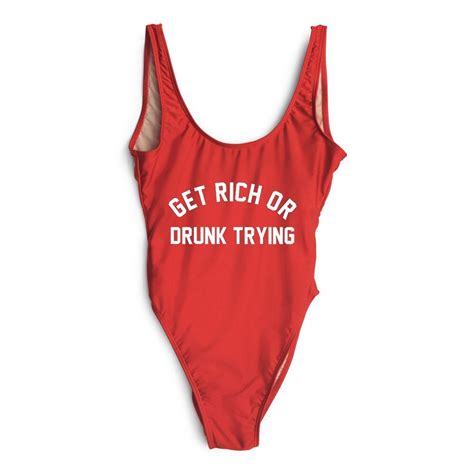 Get Rich Or Drunk Trying One Piece Swimsuit Letter Print Swimwear Women Red Black Bodysuit