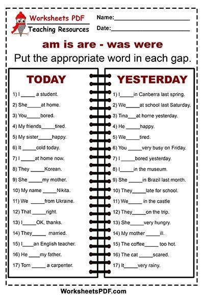 Am Is Are Was Were Activity Worksheets Pdf English Grammar For Kids