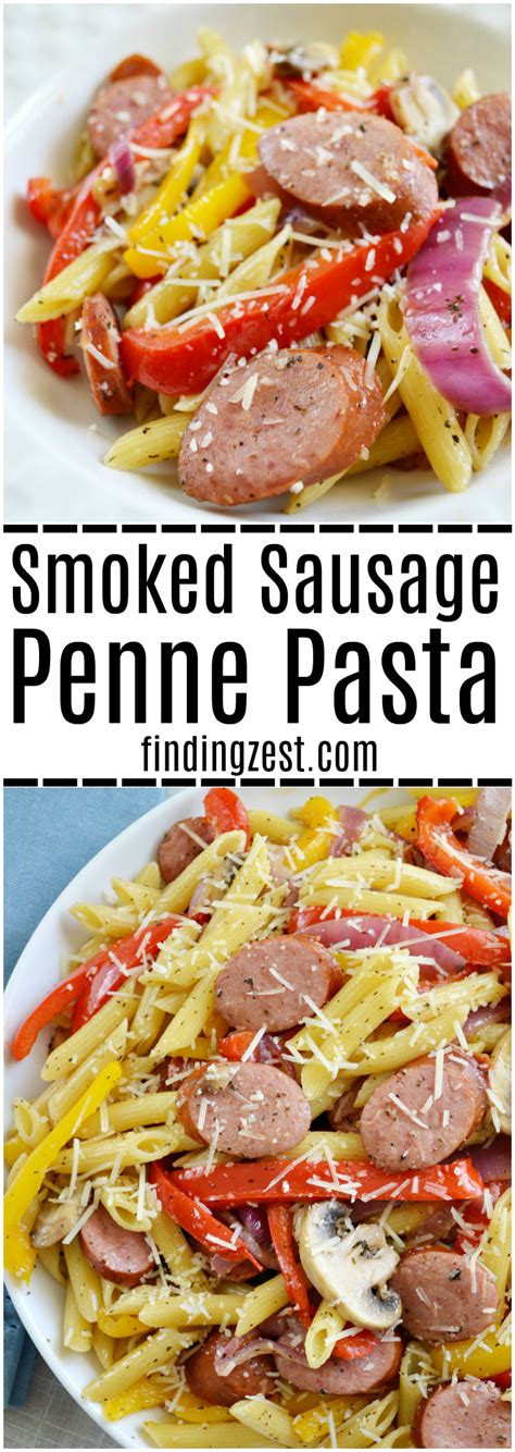 Short penne pasta with thinly sliced. Smoked Sausage Penne Pasta