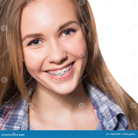Portrait Of Teen Girl Showing Dental Braces Stock Image Image Of