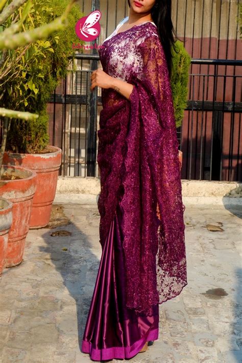 online shopping sarees india buy wine pure satin embroidered net half and half saree