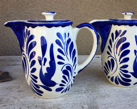 Two Mexican Anfora Puebla Blue Lidded Pitcher Creamers Blue And White