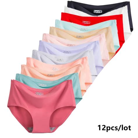 12pcs women s ice silk seamless underwear panties sexy for women low waist briefs plus size