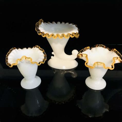 Vintage Set Of 3 Fenton Vases Candleholder With 2 Smaller Vase Gold