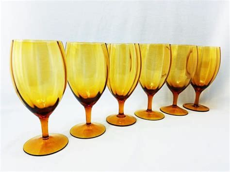 Gold Amber Glass Water Goblets Set Of 6 Stemmed Drinking Etsy Amber Glass Water Goblets
