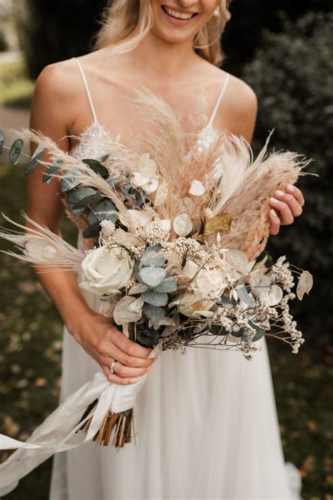 Boho Bridal Bouquet With Eucalyptus Pampas Grass And Dried Flowers