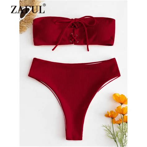 buy zaful ribbed lace up bikini swimwear women high waist swimsuit sexy bandeau