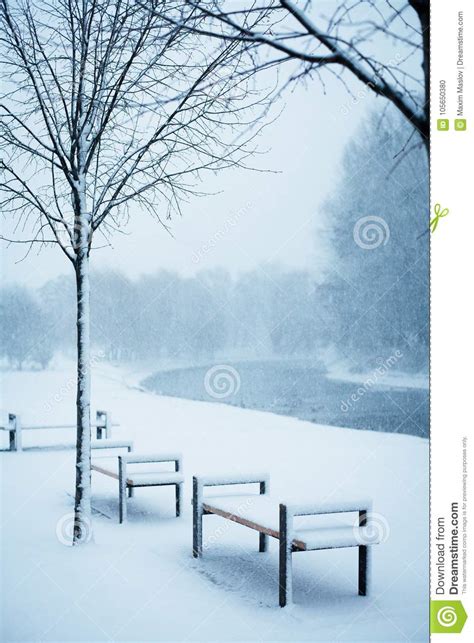 First Snow Snowy Winter Park Scene With Benches And Lake Stock Photo