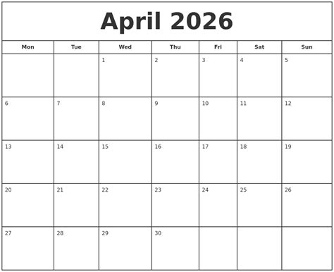 April 2026 Print Free Calendar