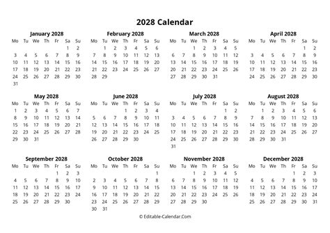 Download Minimalist Fillable Calendar 2028 Monday Start