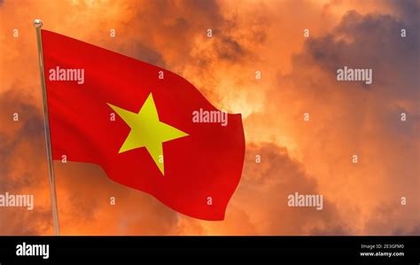 Vietnam Flag On Pole Dramatic Background National Flag Of Vietnam