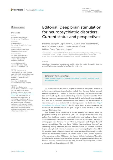 PDF Editorial Deep Brain Stimulation For Neuropsychiatric Disorders Current Status And