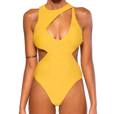wholesale sexy crew neck hollow out yellow one piece swimsuit lpa022744yl
