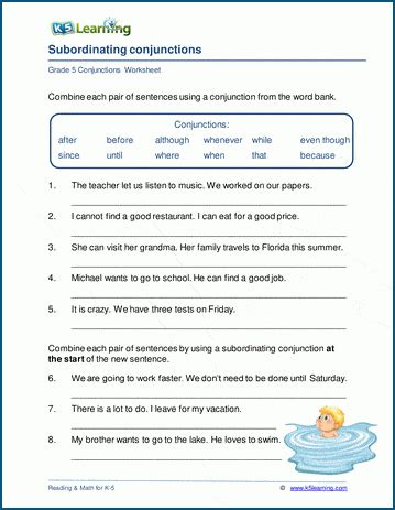 Subordinating Conjunction Worksheets For Grade In These Worksheets