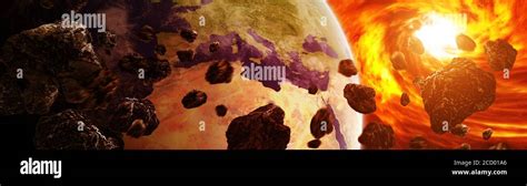 Exploding Sun In Space Close To Planet Earth 3d Rendering Elements Of