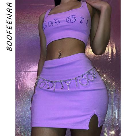 Boofeenaa Sexy Night Club Outfits Bad Girl Crystal Letter 2 Piece Short